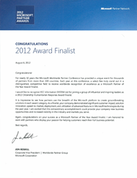 2012 Microsoft Award Finalist証明書
