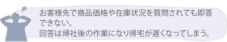 お客様先で商品価格や在庫状況を質問されても即答できない。回答は帰社後の作業になり帰宅が遅くなってしまう。